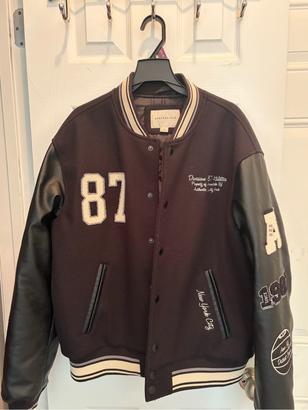 Aeropostale Men’s Black and Cream Varsity Bomber Jacket